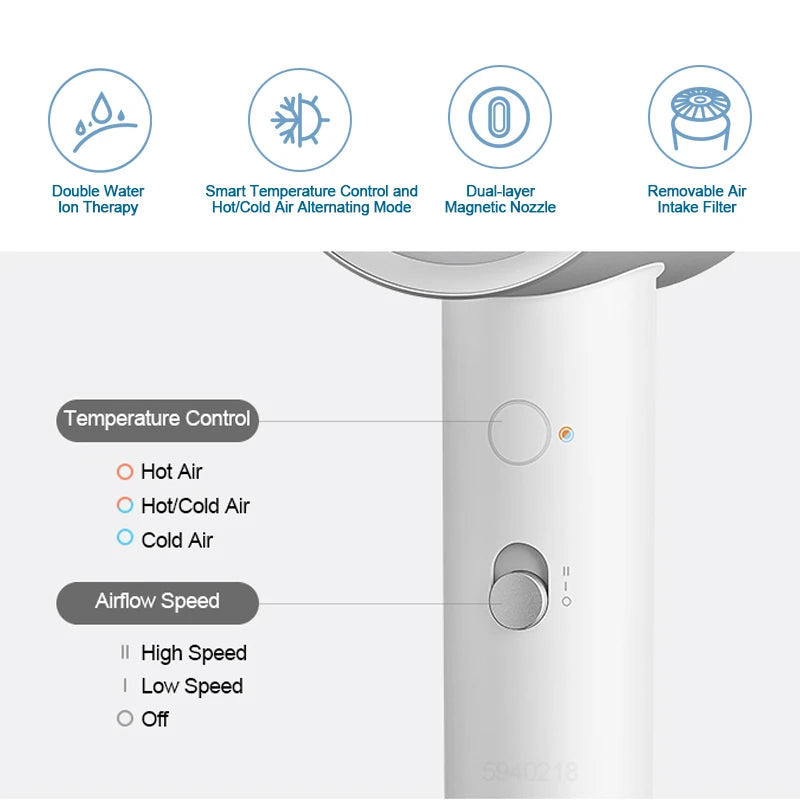 MIJIA H500 white ionic hair dryer with magnetic nozzle, temp control, and speed settings for professional hair care.