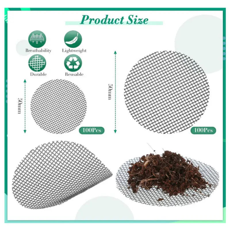 Product size chart for round mesh pot drainage screens and placement