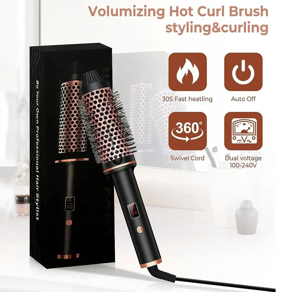 Black and rose gold 3-in-1 ionic hot air brush, curling iron, and straightener with digital display and swivel cord.