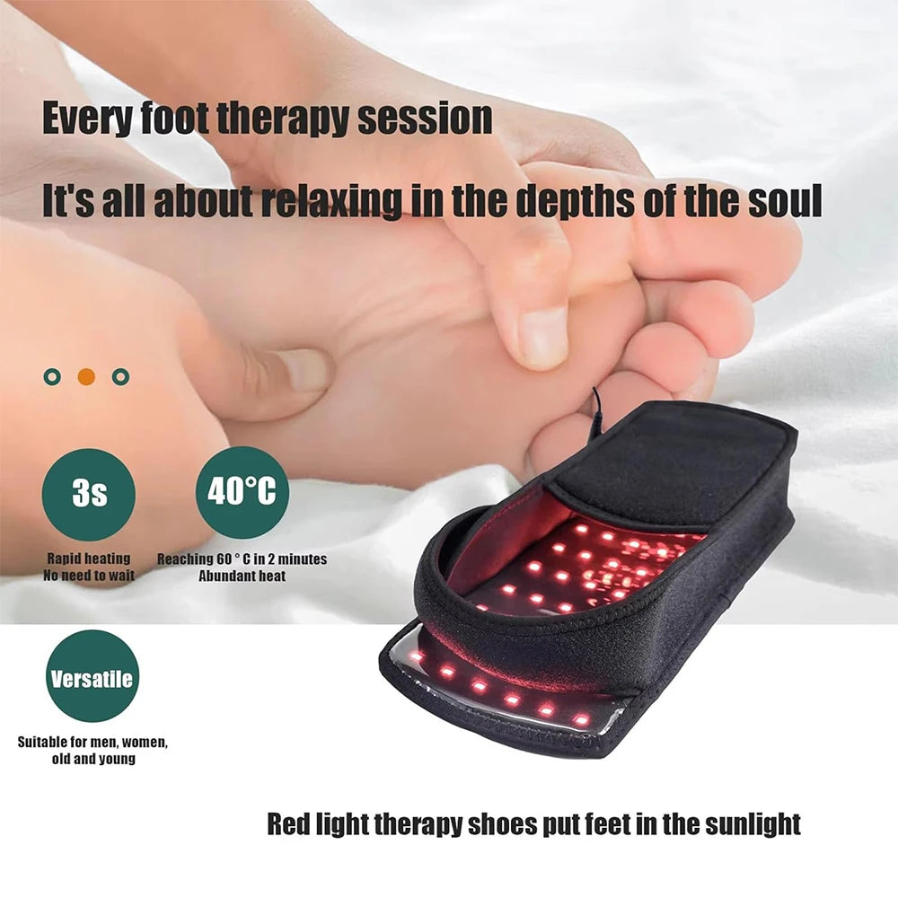 Black red light therapy massage slipper with infrared LED beads for foot pain relief and rapid heating.
