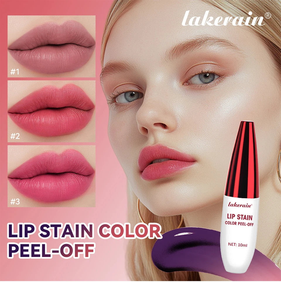 Lakerain 3-color matte peel-off lip stain. Waterproof, transfer-resistant tattoo lip makeup for defined, long-wear color.