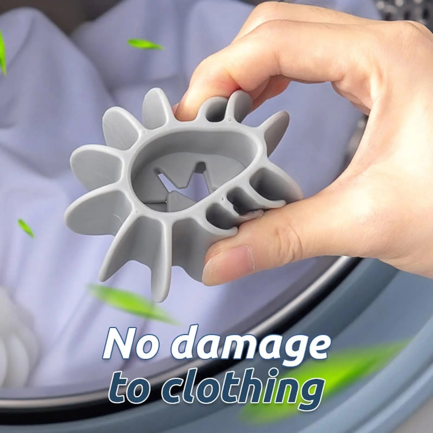 Grey silicone pet hair remover laundry ball removes cat hair from clothes safely in the washing machine.