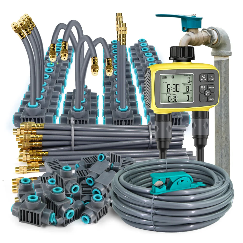 Gardening Intelligent LCD Dual Zone Independent Water Timer Atomization Cooling System Kit Courtyard Automatic Watering Program