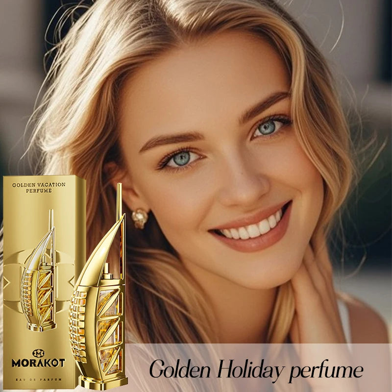 MORAKOT Golden Vacation Unisex EDT: A fresh 75ml perfume in a unique gold skyscraper bottle for men and women.