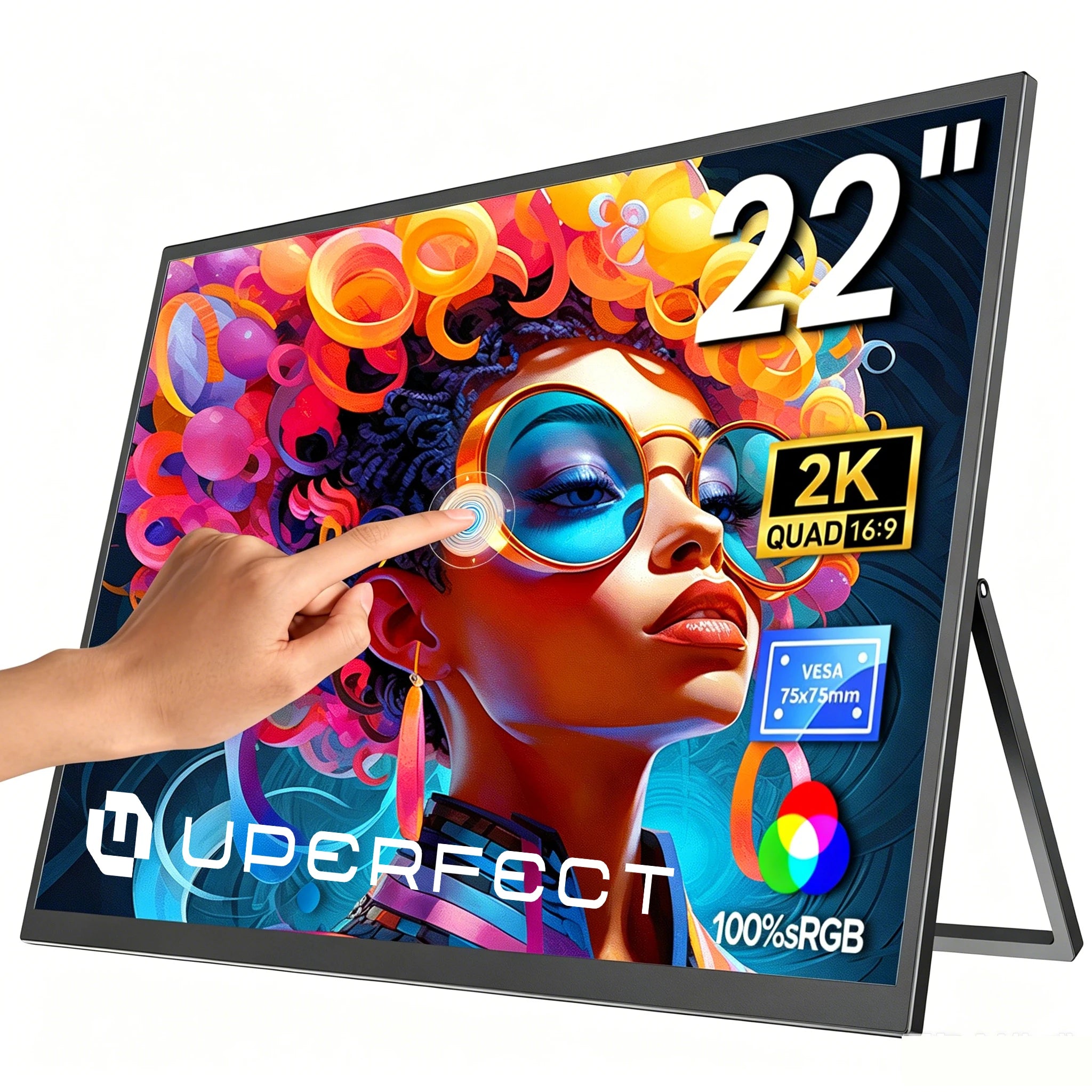 UPERFECT 22" 2K Touchscreen Portable Gaming Monitor 2560*1440 QHD Built-in Stand & VESA HDMI Type C External Display for Mini PC