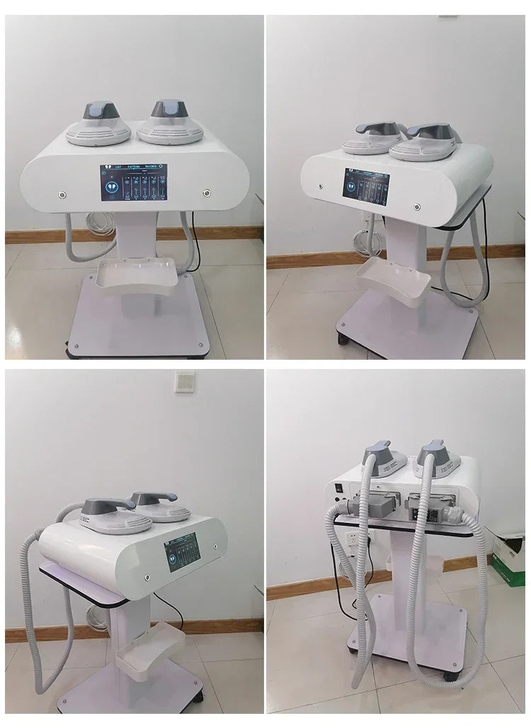 White HIEMT EMS NEO RF body sculpting machine with touch screen, dual applicators, and stand for fat loss and shaping.
