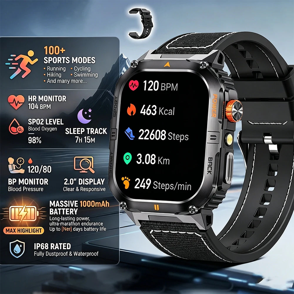 Hot Sell Gifts 2026 New Military SmartWatch Men Outdoor Sports IP68 Waterproof  LED Bluetooth Call Health Monitoring Men Women