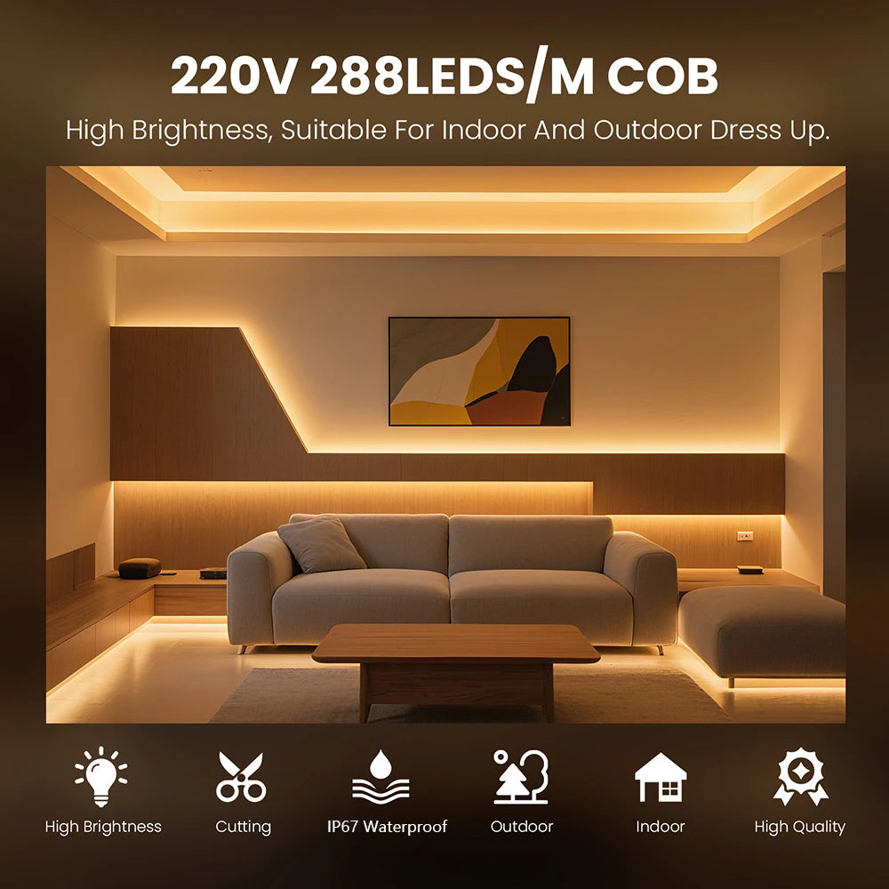 220V Dimmable COB Led Strip Light ON/OFF Dimmer Waterproof 288Leds Flexible Neon Lamp Home Decor EU Power Kit Warm Natural White