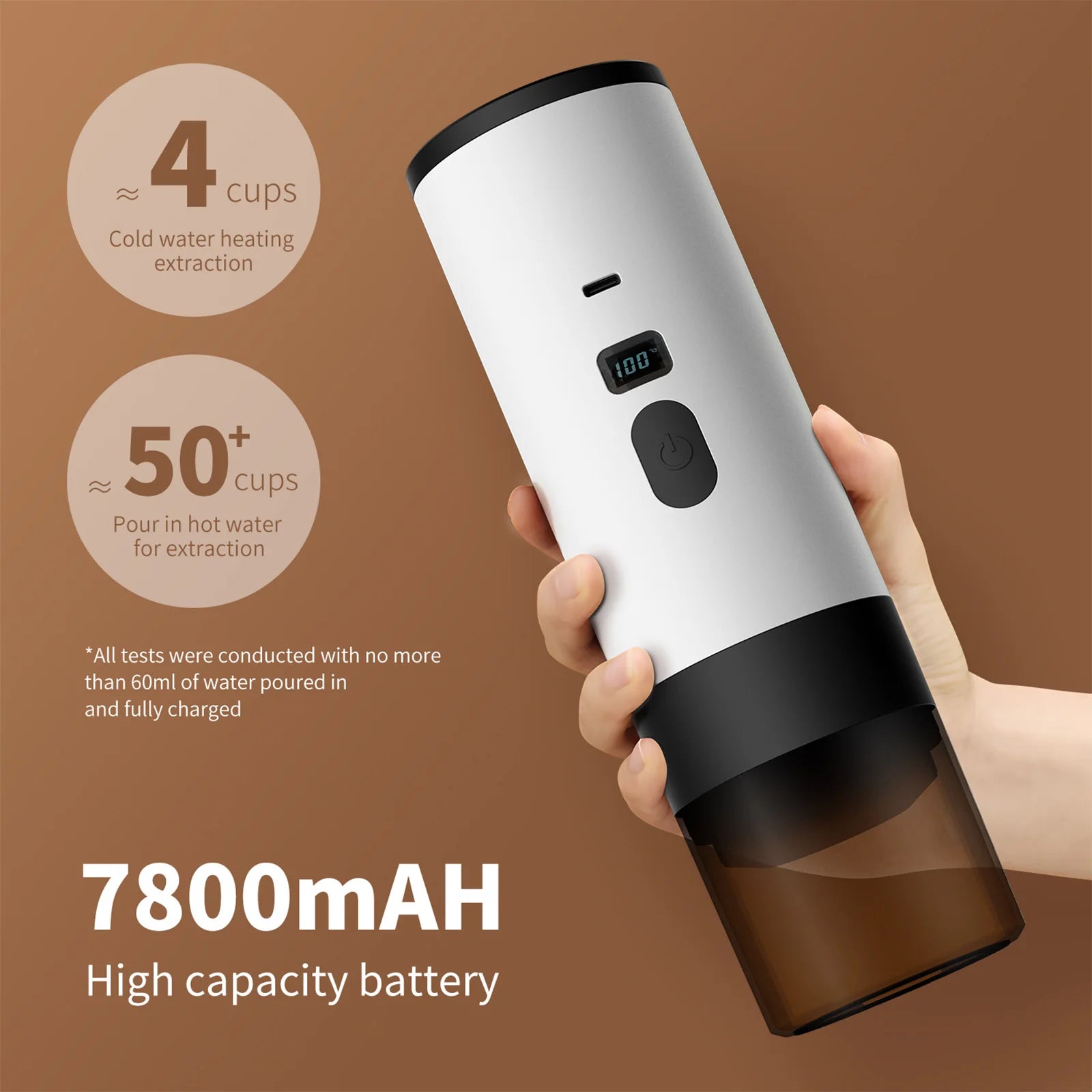 White portable electric coffee maker with LED display, 7800mAh battery, and 60ml capacity for travel brewing.