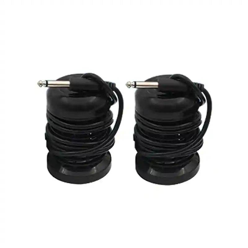 Two round black ionic detox foot bath array heads with coiled connecting cables for spa machines.