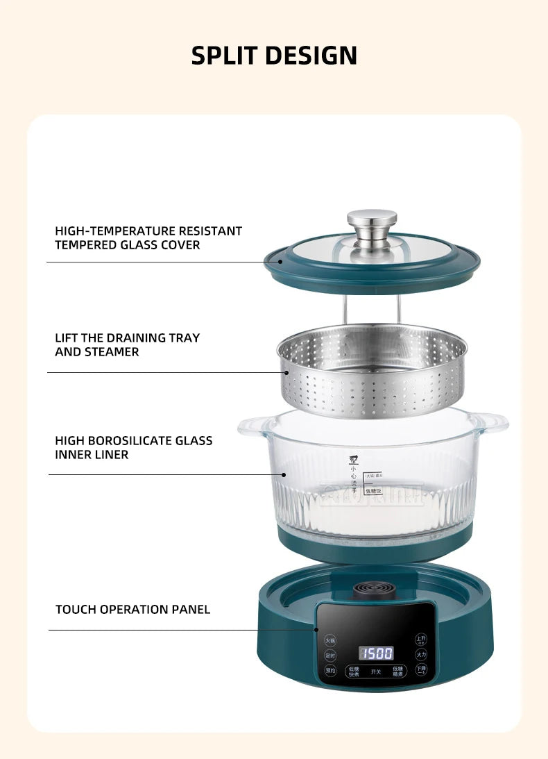 Split-design electric rice cooker with glass lid, draining tray, and inner liner