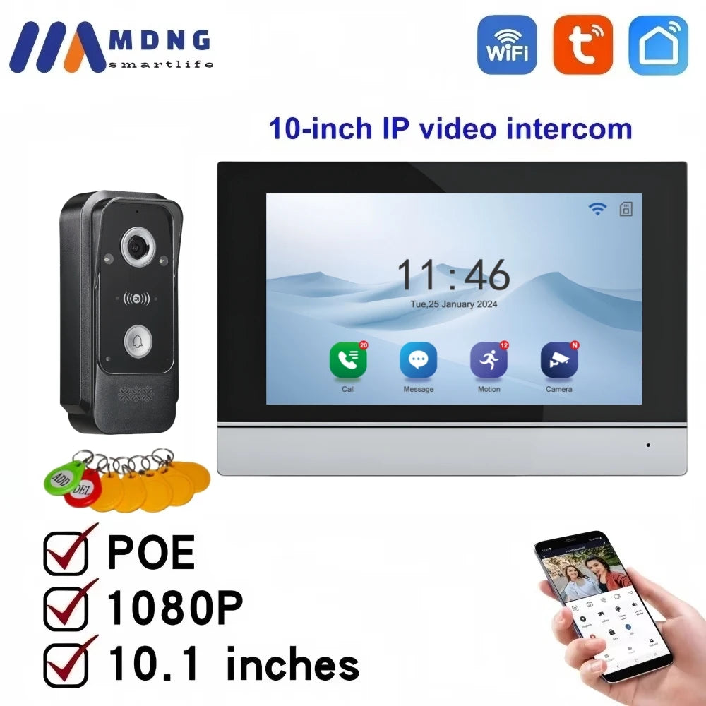 TUYA 1080P 10 Inch Video Intercom Touch Screen Wireless WiFi POE Wired Doorbell RFID Access Control Night Vision Waterproof