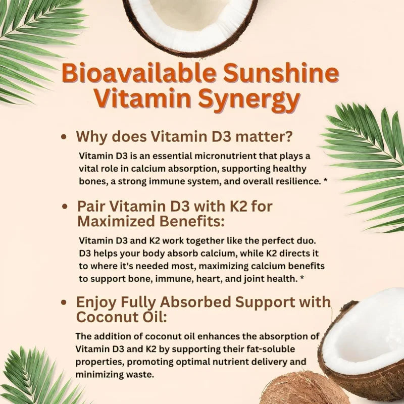 Tidesmit Vitamin D3 10000 IU plus K2 complex infographic for bone, heart, and immune support with coconut oil absorption.
