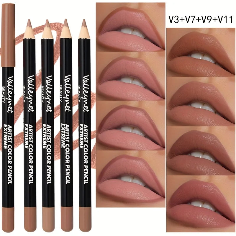 4pcs matte lip liner set in neutral nude shades. Highly pigmented, long-lasting, smudge-proof wood pencil makeup.