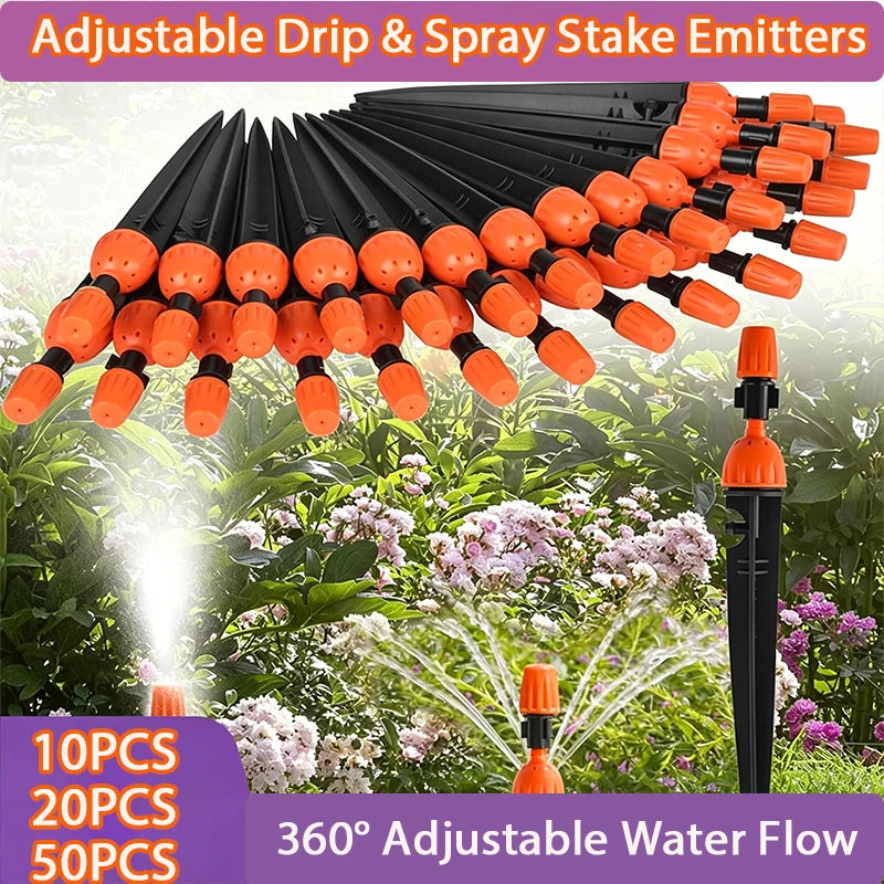 Adjustable 2-in-1 Drip Spray Stake Emitter 360° Mist Nozzle Garden Auto Watering Irrigation Stake for Greenhouse Lawn Plant Pots
