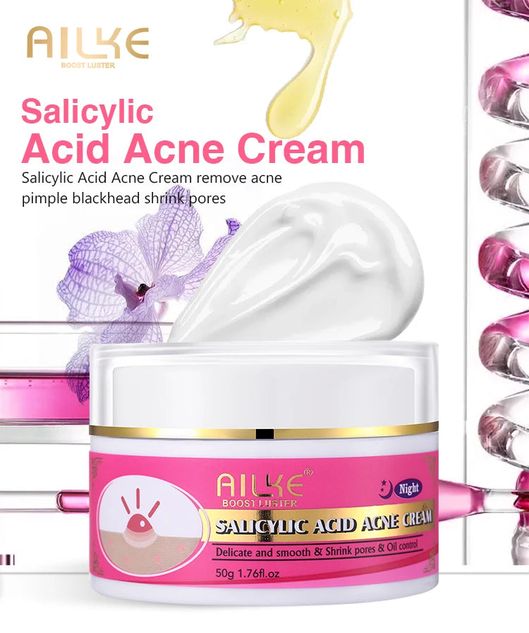 AILKE Salicylic Acid Acne Cream in a 50g white and pink jar for dark spot removal, pore shrinking, and acne treatment.