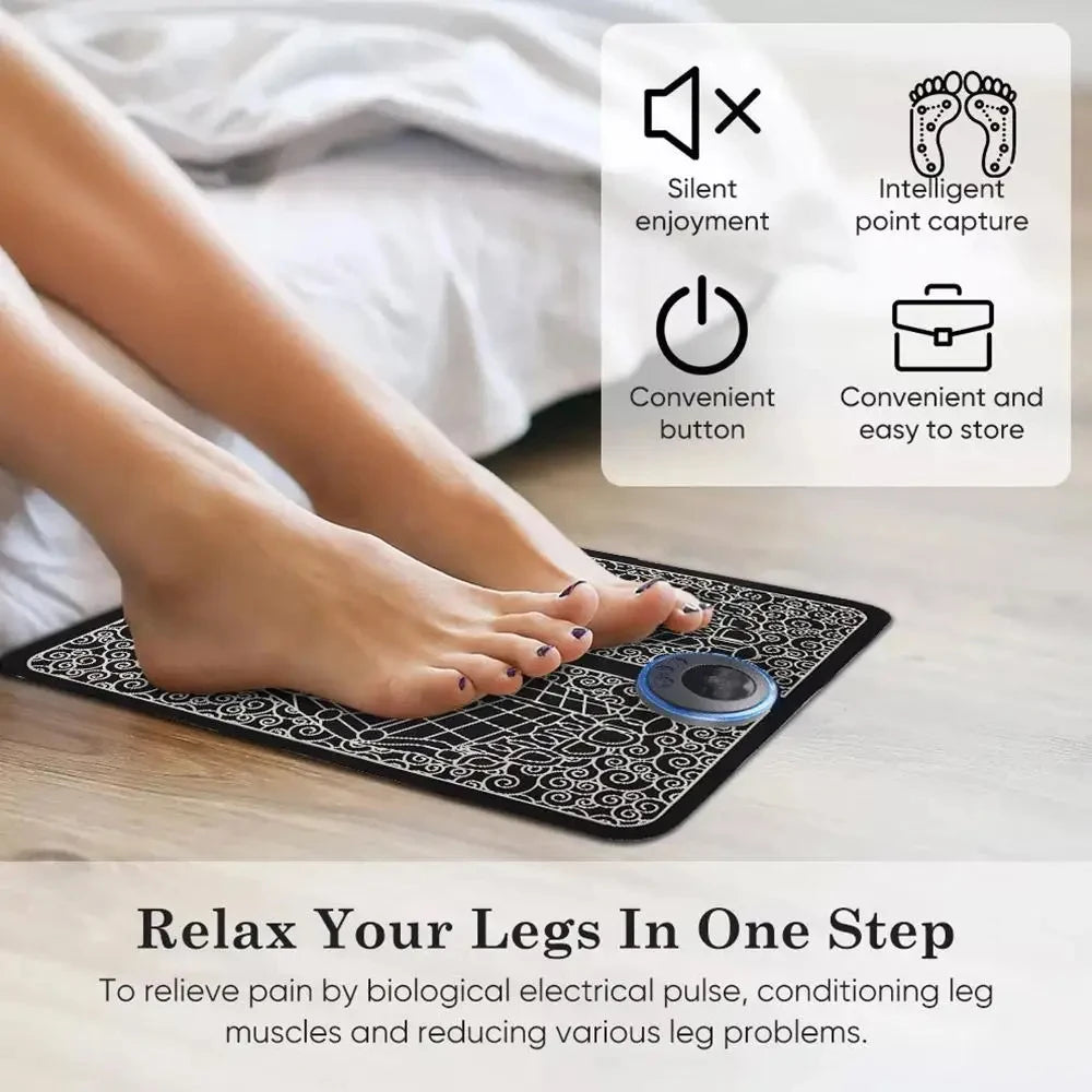 Rechargeable EMS electric foot massage mat for pain relief and leg muscle relaxation with easy-to-use button control.