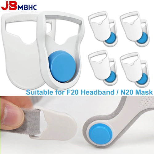 White CPAP mask magnetic clips for F20 headband and N20 mask. Sleep apnea accessories, white and blue design.