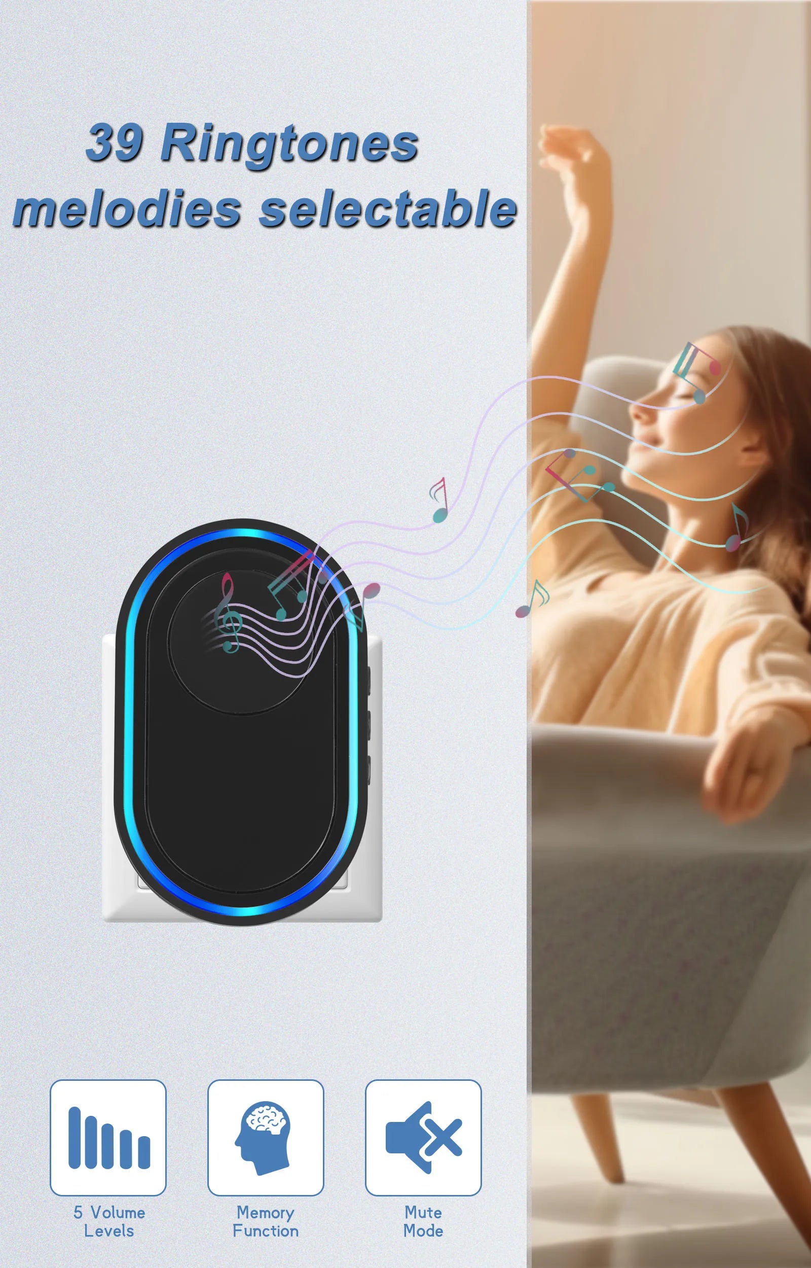 Wireless Doorbell 39 Music LED Flash Security Alarm Outdoor IP65 Waterproof Smart Home Intelligent Door Bell Chime Kit