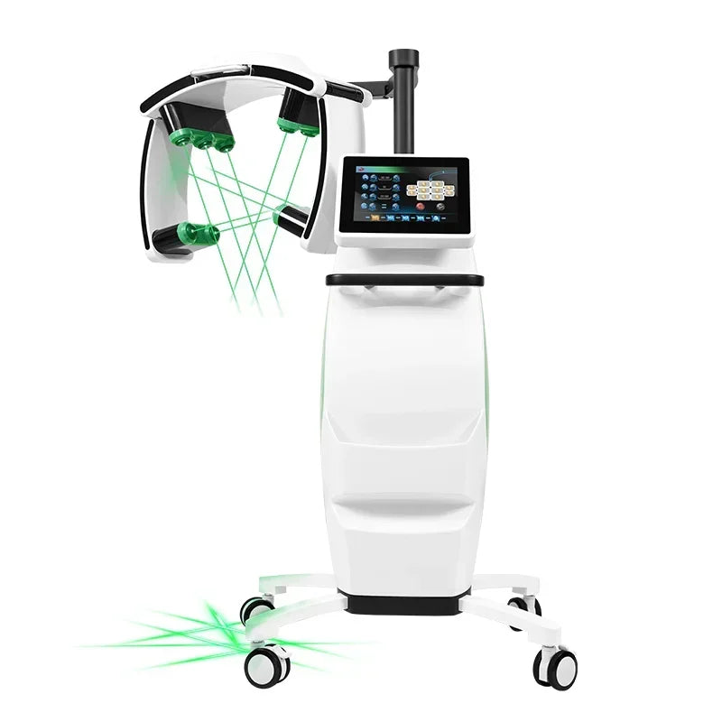 Standing LLLT fat burning machine with touchscreen, white design, and green laser emitters for painless weight loss.