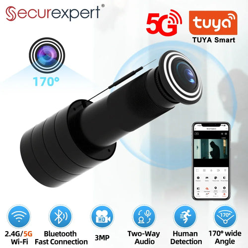 Black 3MP WiFi door peephole camera with 170° wide-angle lens and TUYA branding