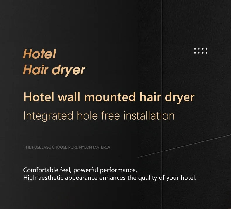 1600W wall-mounted hotel hair dryer, hole-free mount, durable nylon body, powerful quick-drying performance.
