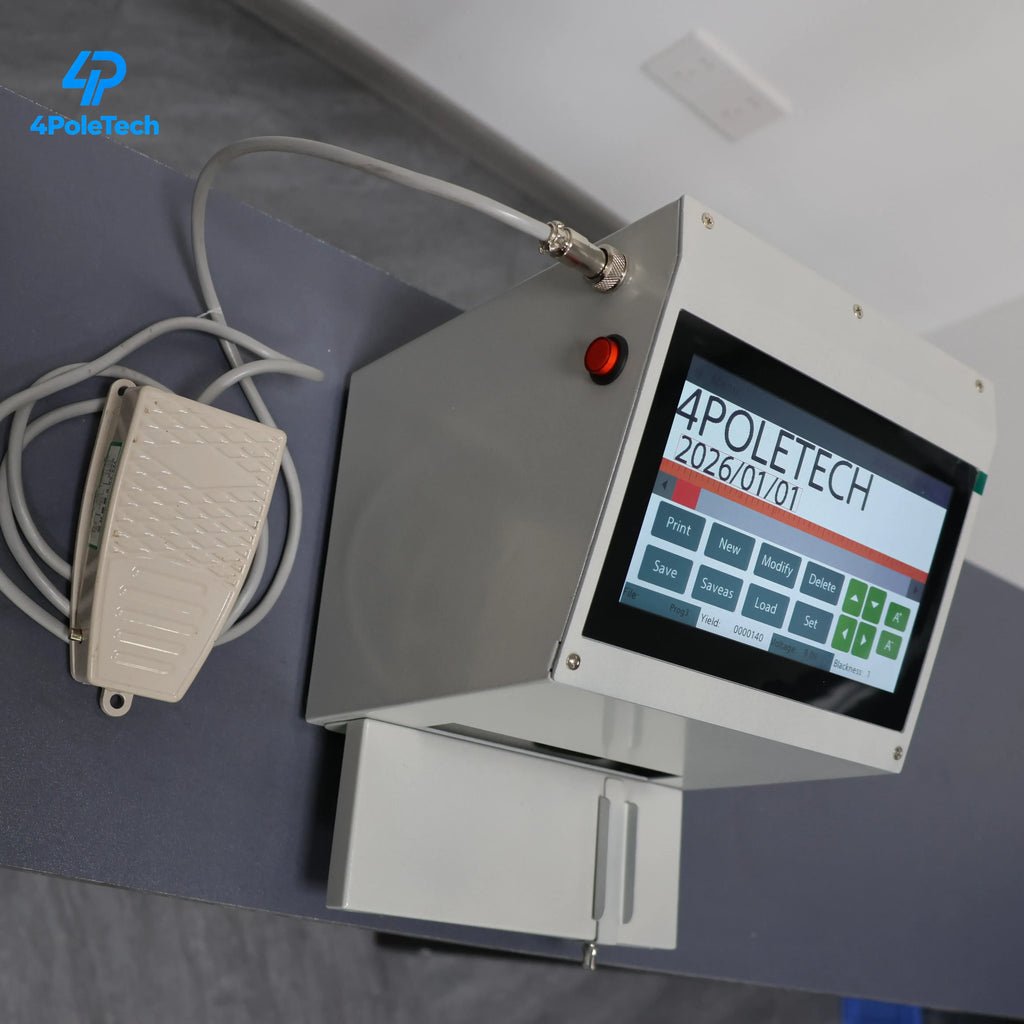 Desktop inkjet coding printer with touchscreen display, red button, and front ink tray