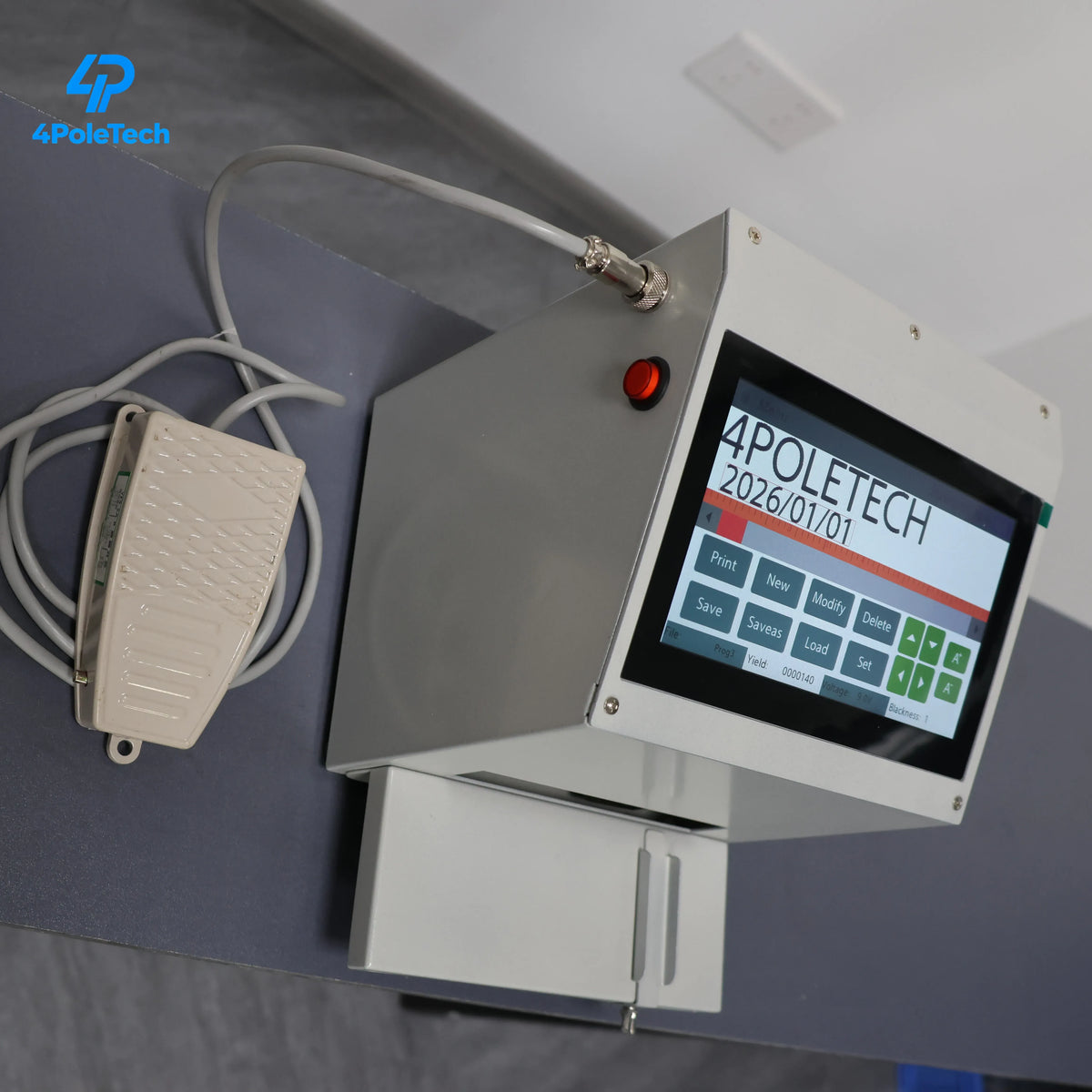 Desktop inkjet coding printer with touchscreen display, red button, and front ink tray