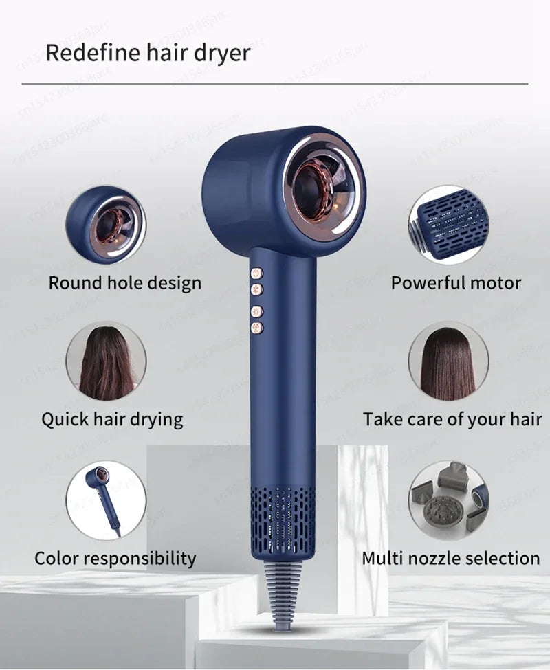 Blue 1600W leafless negative ion hair dryer with powerful motor, multiple styling nozzles, and quick-dry technology.
