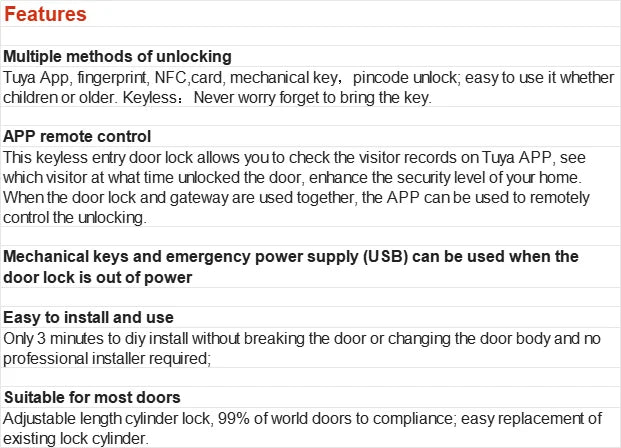 Support Tuya App Intelligent Plug-in Lock IP65 Biometric Fingerprint App Control Cylindrical Bolt Alex/Google Home/Office Door