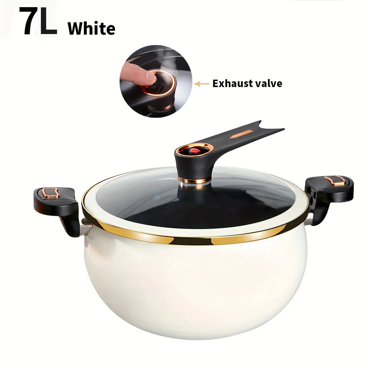7L white pressure cooker with black lid, side handles, and top exhaust valve