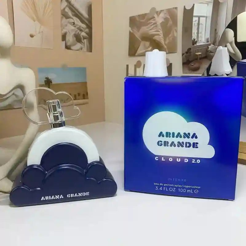 Ariana Grande Cloud 2.0 Intense 100ml perfume for women. Iconic blue cloud-shaped bottle and box, floral EDP fragrance.