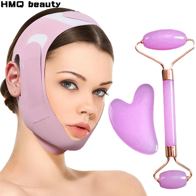 Woman wearing a lavender V-shaped facial sculpting bandage with a matching purple jade facial roller and Gua Sha tool.