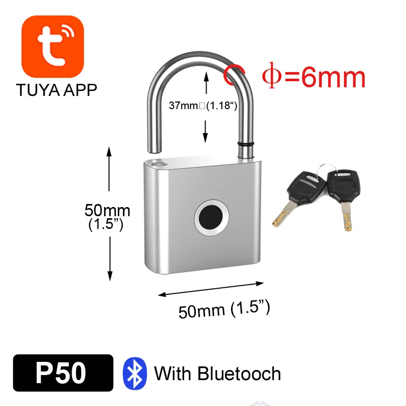 Tuya Fingerprint Padlock Bluetooth Smart Home Door Lock 20 Groups Fingerprint Safe Backup Key USB Charging For Home House Garage