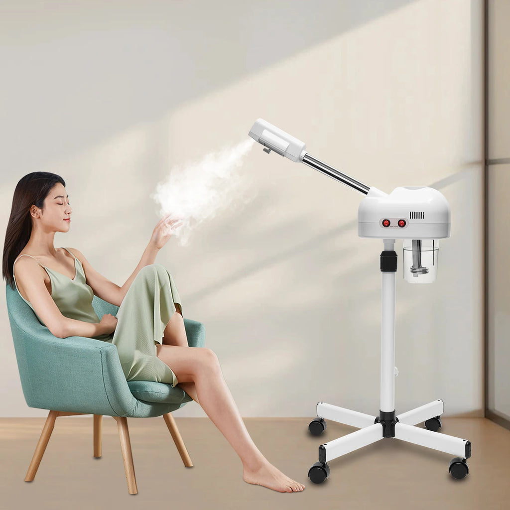 White 800W professional facial steamer with 750ml tank, adjustable stand, and wheels for salon or home spa skincare.