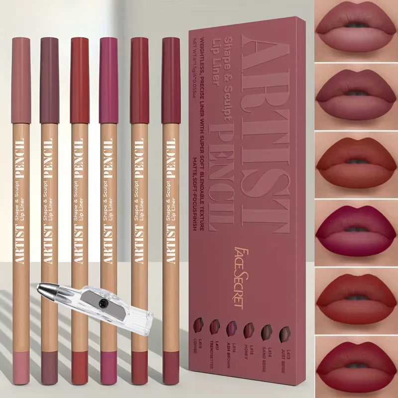 7-piece matte lip liner set with 6 long-lasting shades and a sharpener for precise, velvet-finish lip makeup application.