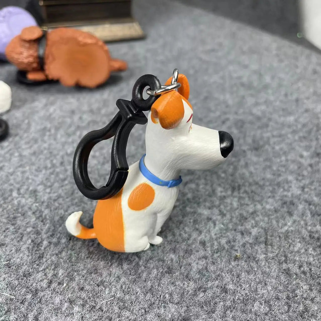 Cute cartoon Max dog keychain, PVC animal figurine decoration for backpacks, kids' toys, and unique pet lover gifts.