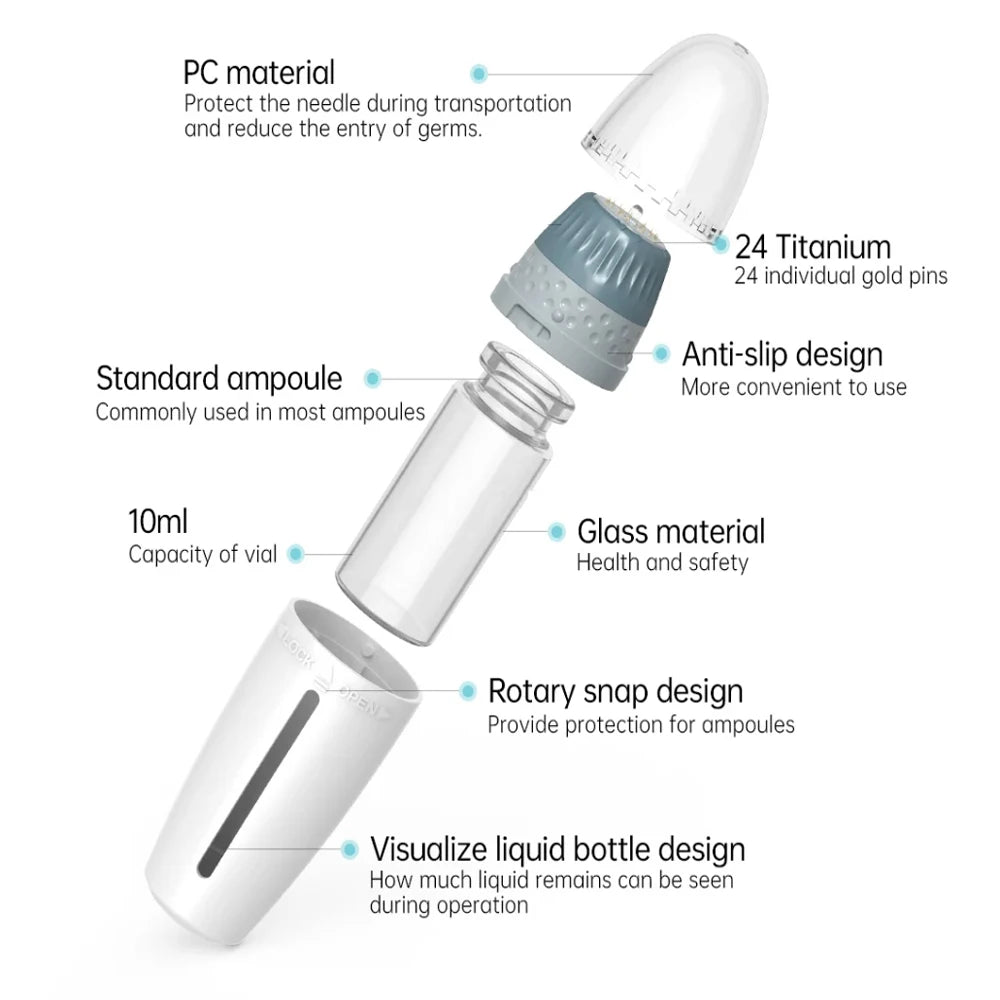 BIO H24 derma stamp with 24 gold titanium needles, 10ml glass ampoule, and anti-slip skin care microneedling tool.