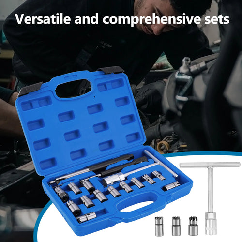 Blue tool case open with multiple steel injector seat cutters and guide pieces