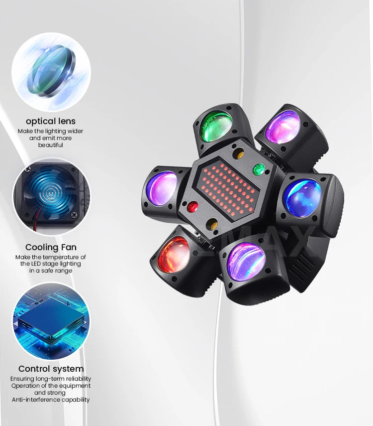 80W Disco Party Light 6-arm Mini Beam Moving Head Strobel Effect Lights Remote DMX512 Control DJ Mobile Stage For Club Wedding