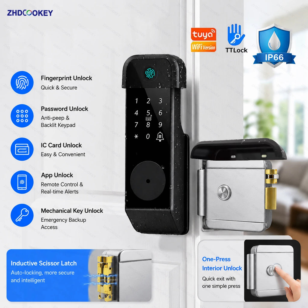 Tuya WiFi Smart Door Lock TTLock BLE APP Fingerprint Password IC Card Key One-Press Indoor Unlock IP66 Waterproof Gate Door Lock