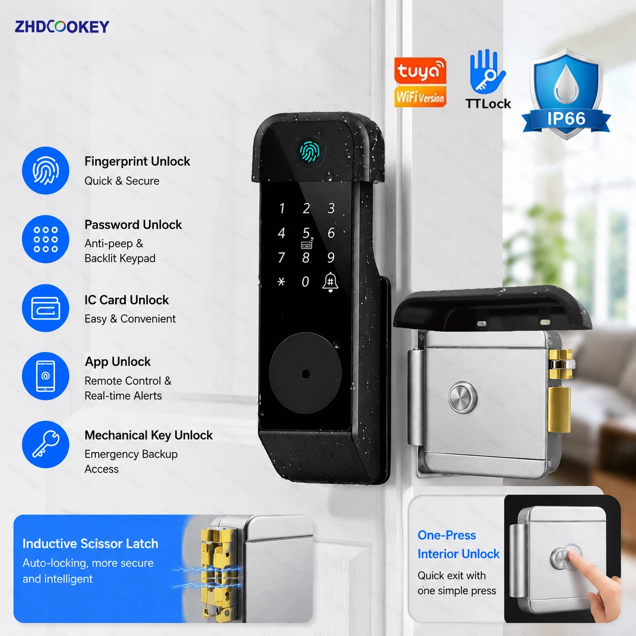 Tuya WiFi Smart Door Lock TTLock BLE APP Fingerprint Password IC Card Key One-Press Indoor Unlock IP66 Waterproof Gate Door Lock