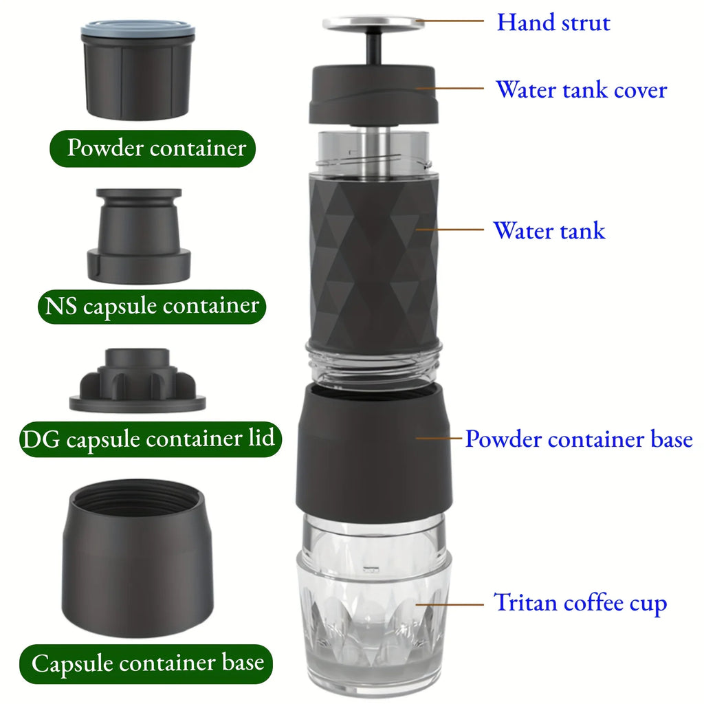 Portable black manual espresso maker with Tritan cup, powder and capsule containers, and hand strut pump mechanism.