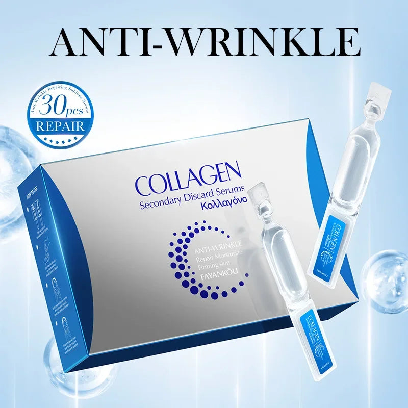 Silver box of 30 single-use clear plastic ampoules of anti-wrinkle collagen serum against a light blue background.