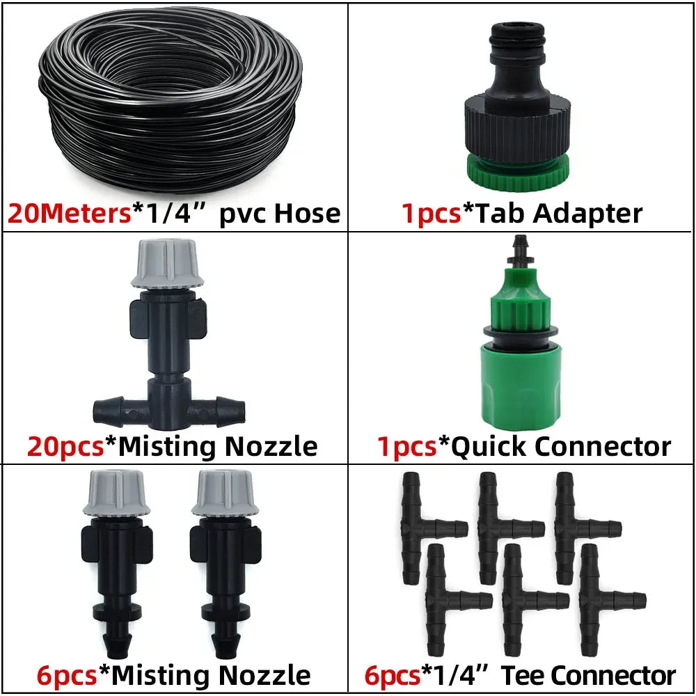 Outdoor misting kit parts: black 1/4 in hose coil, misting nozzles with gray caps, tees