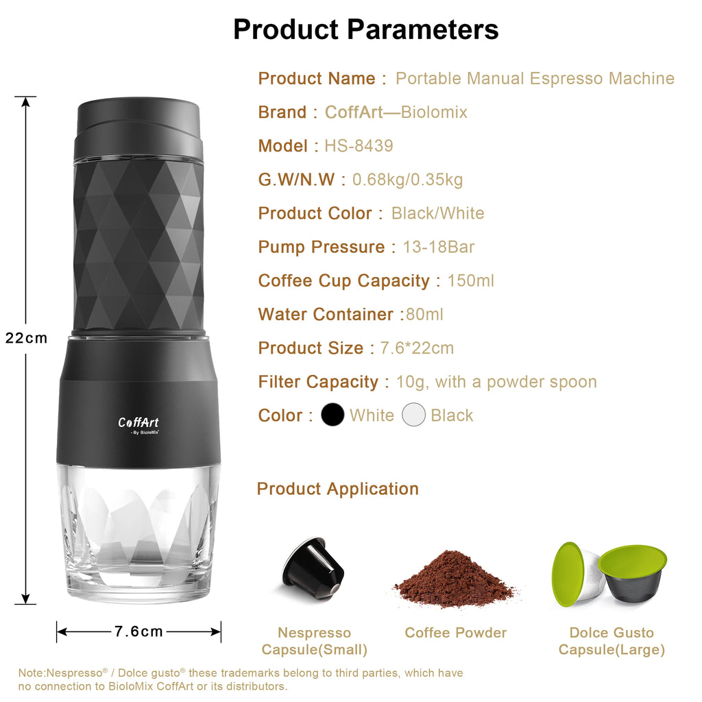 Biolomix CoffArt portable manual espresso machine in black, 22cm, 150ml cup, compatible with capsules and powder.