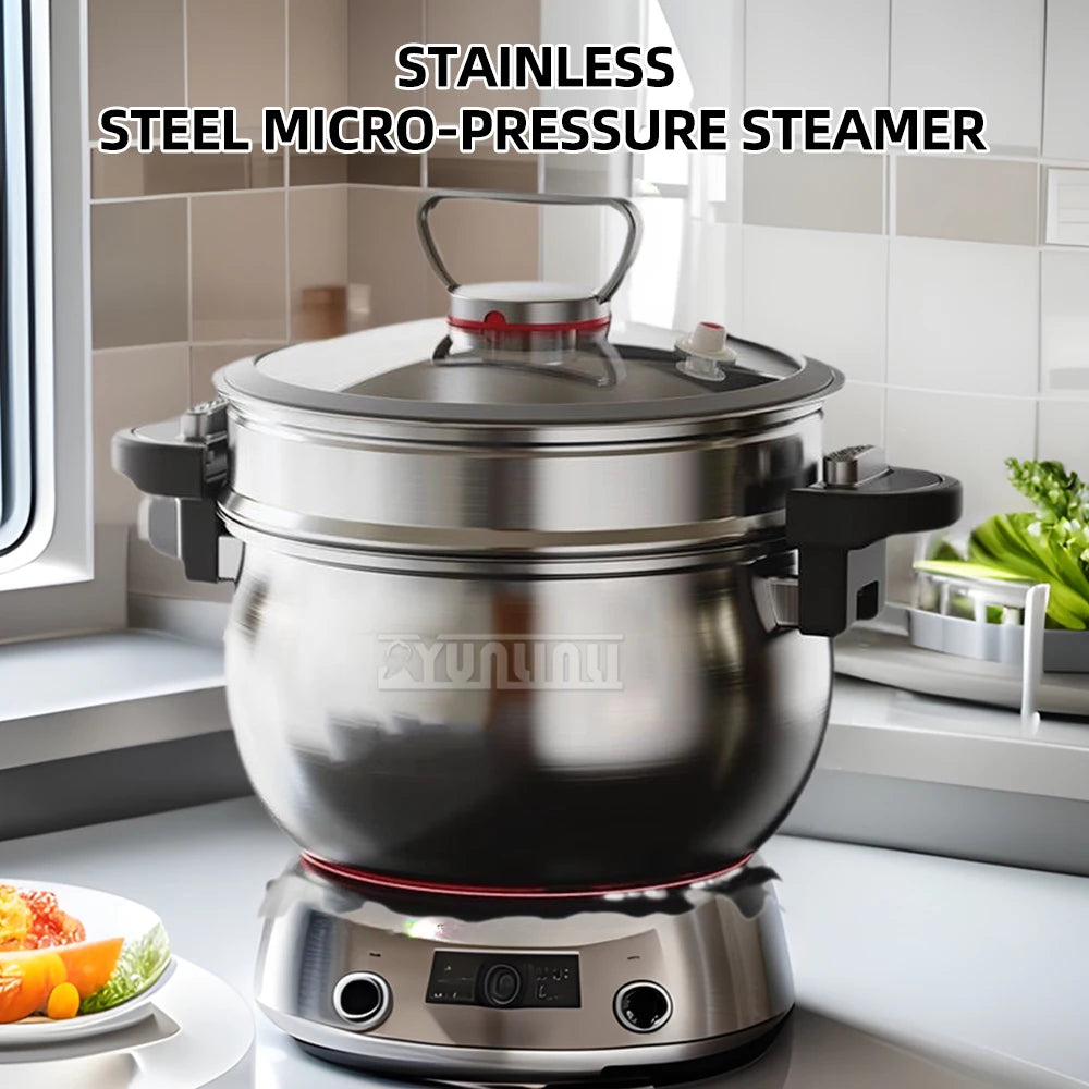 Stainless steel micro-pressure steamer on counter with red pressure control