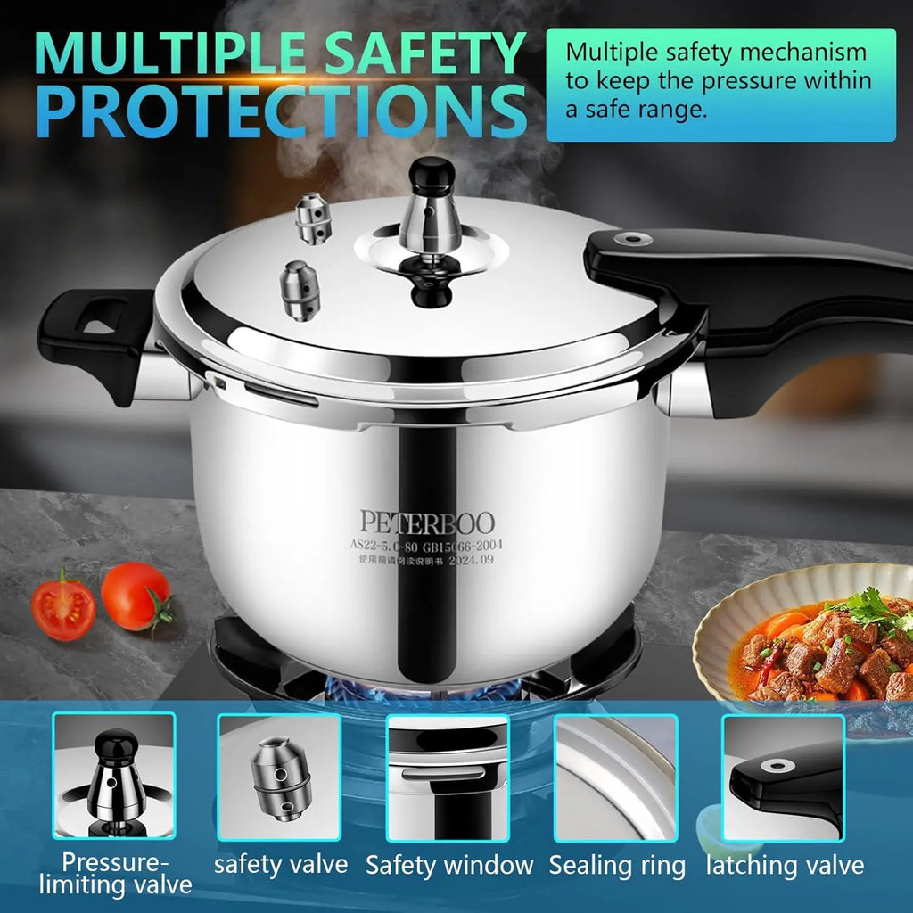 Stainless steel pressure cooker with side handles and black top pressure valve