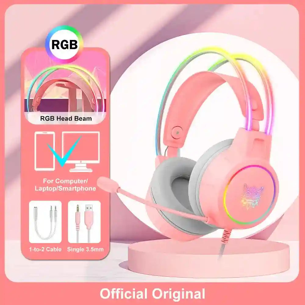 Pink Cat Ear Gaming Headset | Wireless Over-Ear Headphones with Mic Pink without Ear Tidesmit