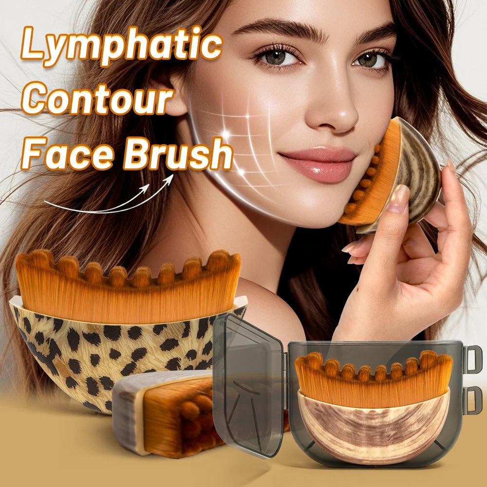 Leopard print and wood-grain facial massage brushes with thick, brown, notched bristles, shown in a clear travel case.
